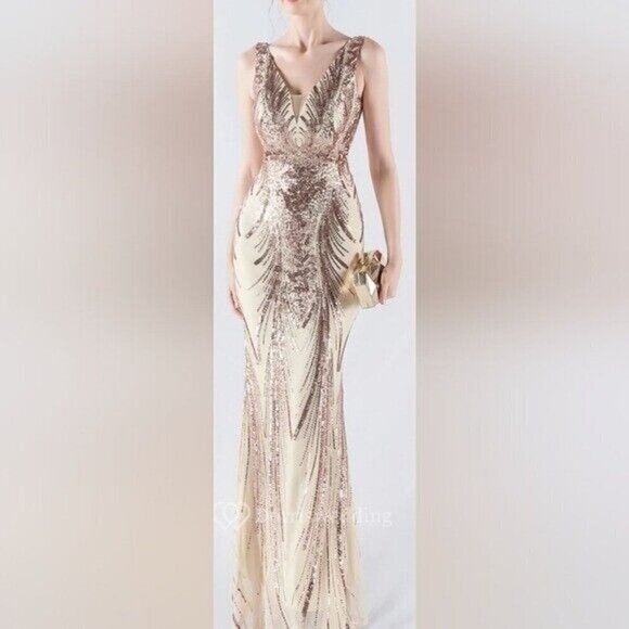 Gold, Double V, Beaded Back, Draped Skirt, Contrast Sequined Mermaid Gown - Picture 12 of 16